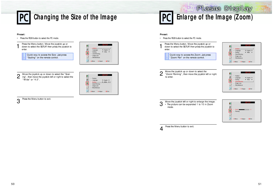 Samsung HPL5025 manual Changing the Size of the Image Enlarge of the Image Zoom 