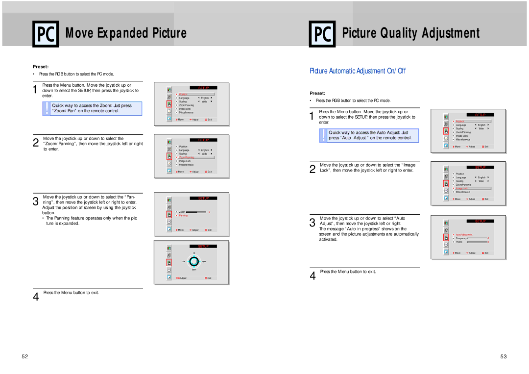 Samsung HPL5025 manual Move Expanded Picture Picture Quality Adjustment, Picture Automatic Adjustment On/Off 