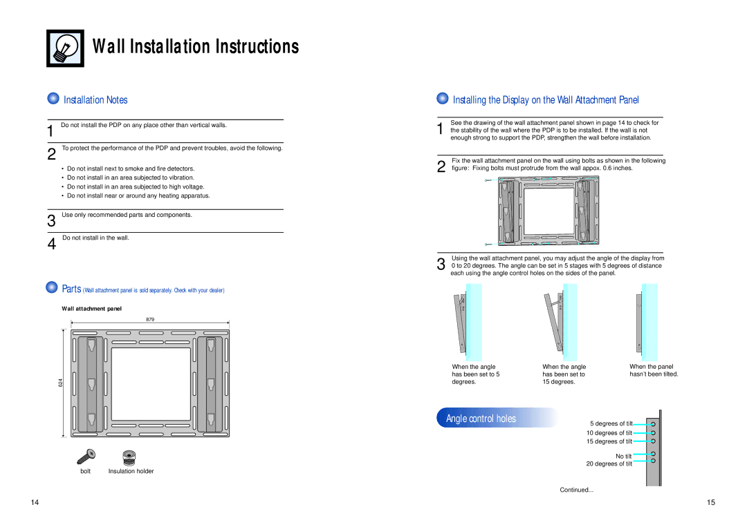 Samsung HPL5025 Wall Installation Instructions, Installation Notes, Installing the Display on the Wall Attachment Panel 