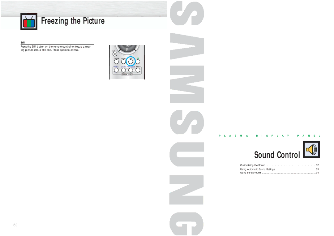 Samsung HPM5027 manual Freezing the Picture, Sound Control, Still 