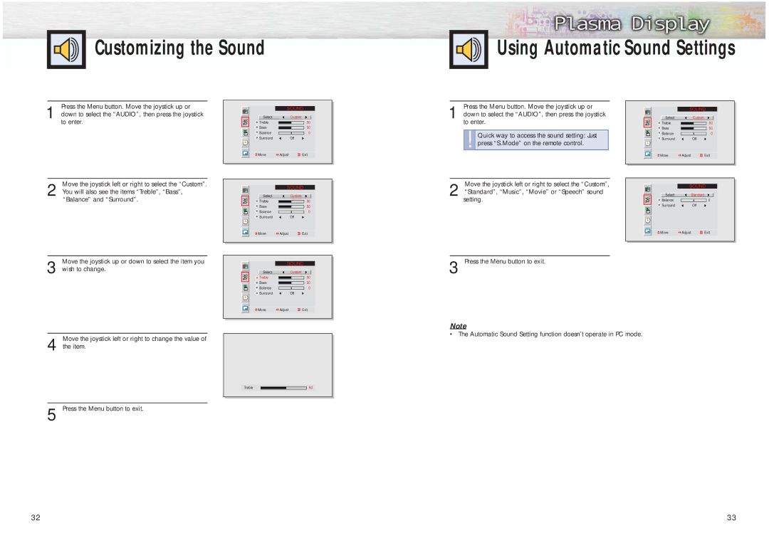 Samsung HPM5027 manual Customizing the Sound Using Automatic Sound Settings 