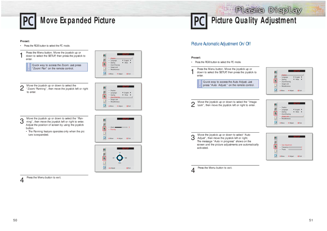 Samsung HPM5027 manual Move Expanded Picture Picture Quality Adjustment, Picture Automatic Adjustment On/Off 