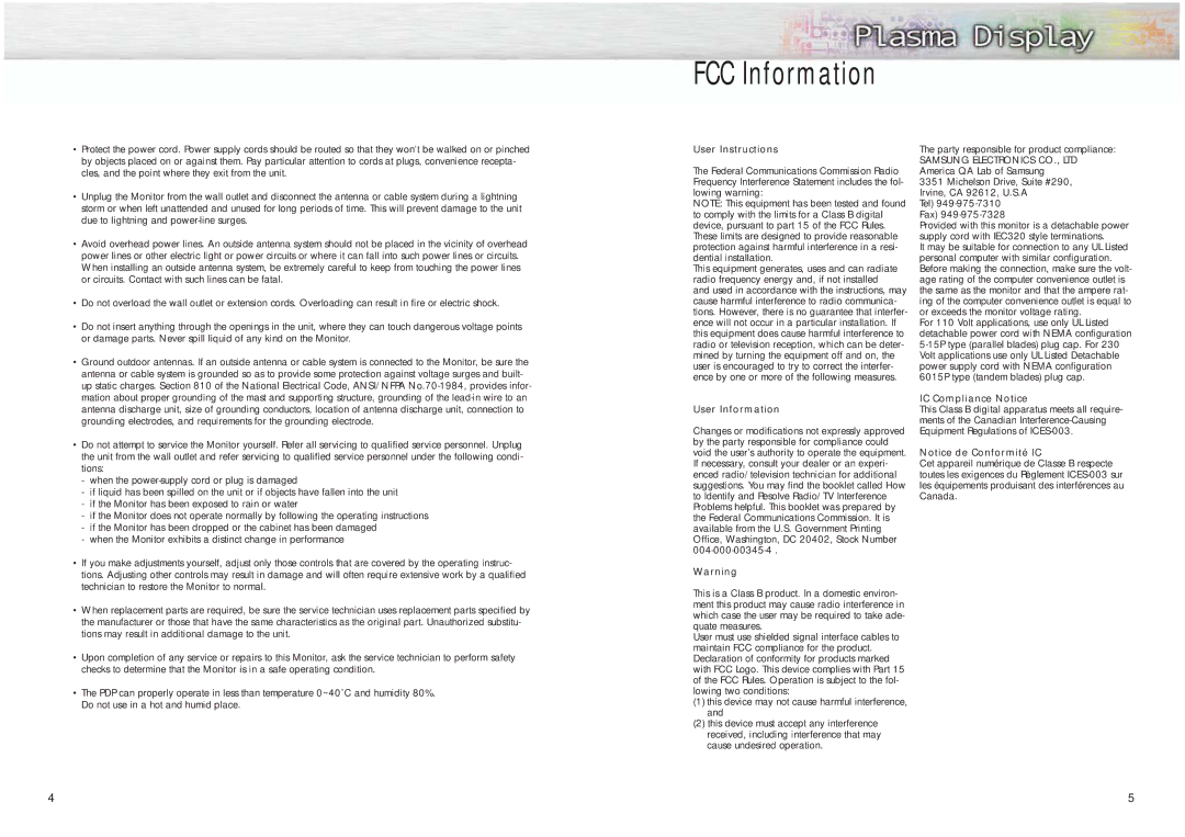 Samsung HPM5027 manual FCC Information, User Instructions 