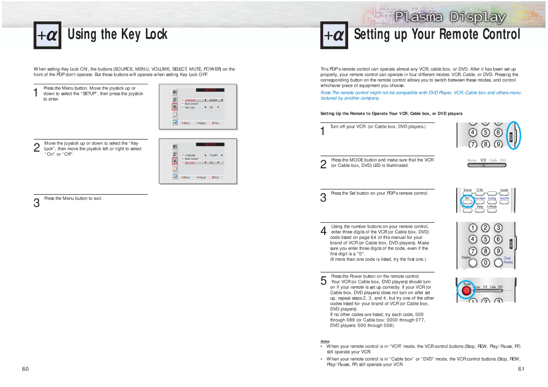 Samsung HPM5027 manual Using the Key Lock, Setting up Your Remote Control 