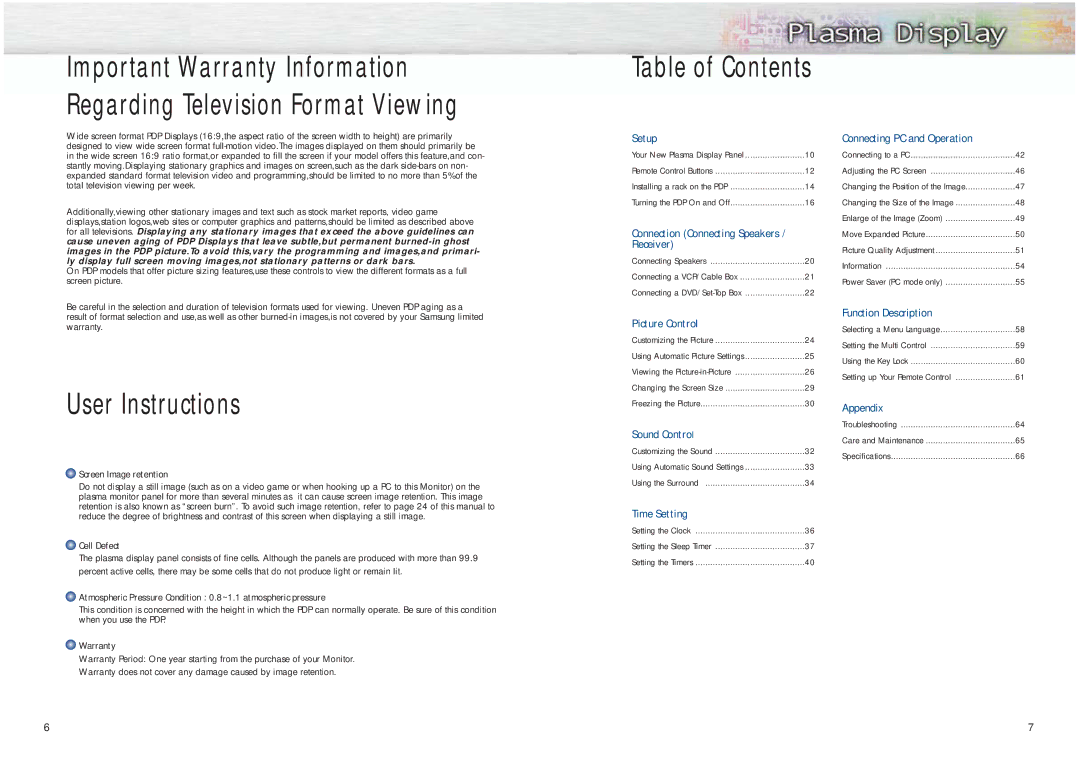 Samsung HPM5027 manual User Instructions, Table of Contents 