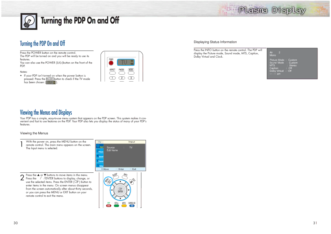 Samsung HPN4239 manual Turning the PDP On and Off, Viewing the Menus and Displays, Displaying Status Information, Input 