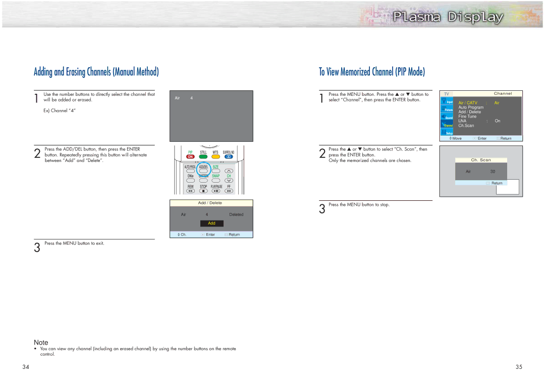 Samsung HPN4239 manual Add / Delete, Ch. Scan 