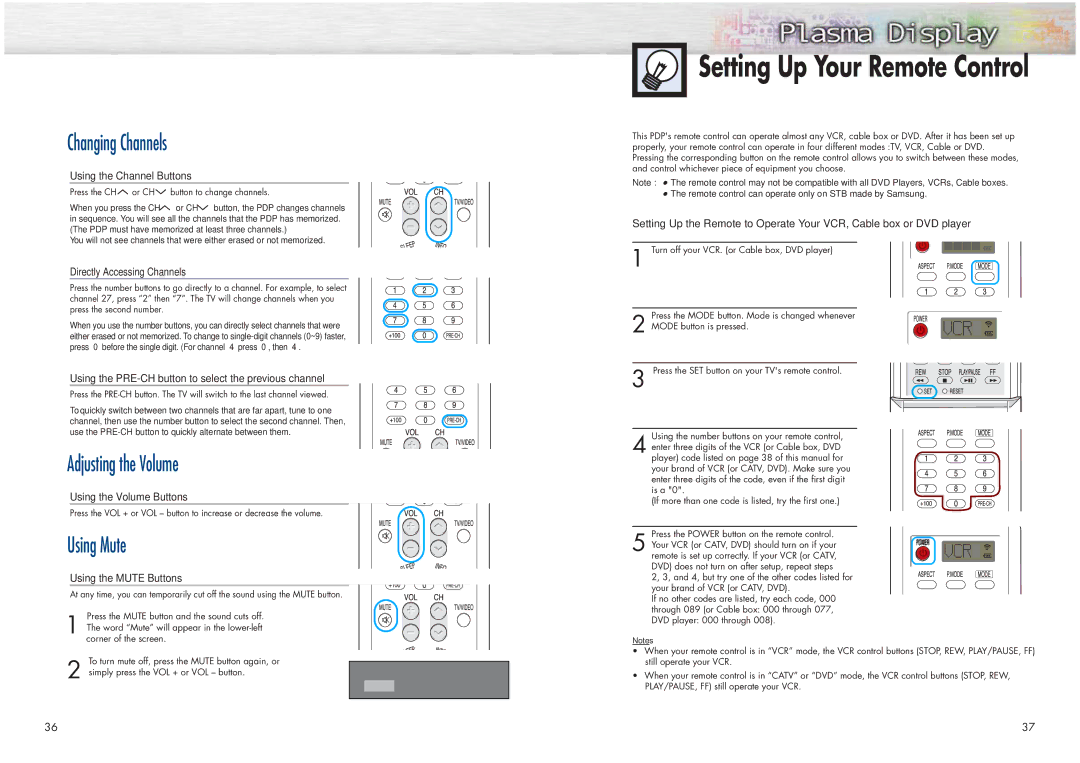 Samsung HPN4239 manual Setting Up Your Remote Control, Changing Channels, Adjusting the Volume, Using Mute 