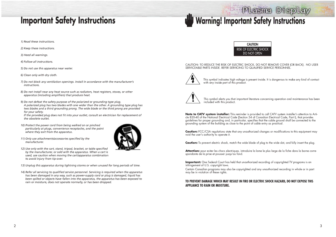 Samsung HPN4239 manual Important Safety Instructions 