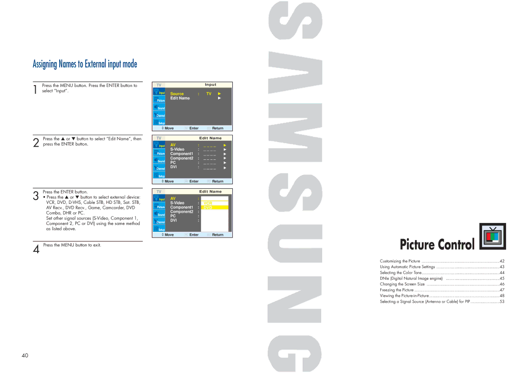 Samsung HPN4239 manual Picture Control, Edit Name 