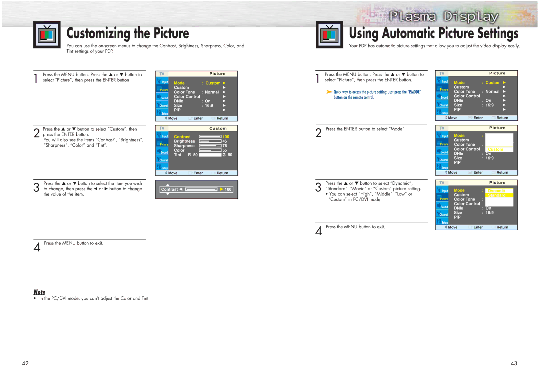 Samsung HPN4239 manual Customizing the Picture 