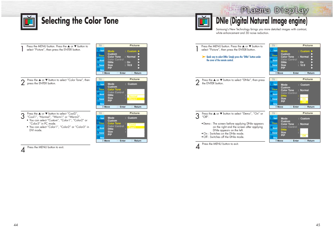 Samsung HPN4239 manual Selecting the Color Tone, DNIe Digital Natural Image engine 