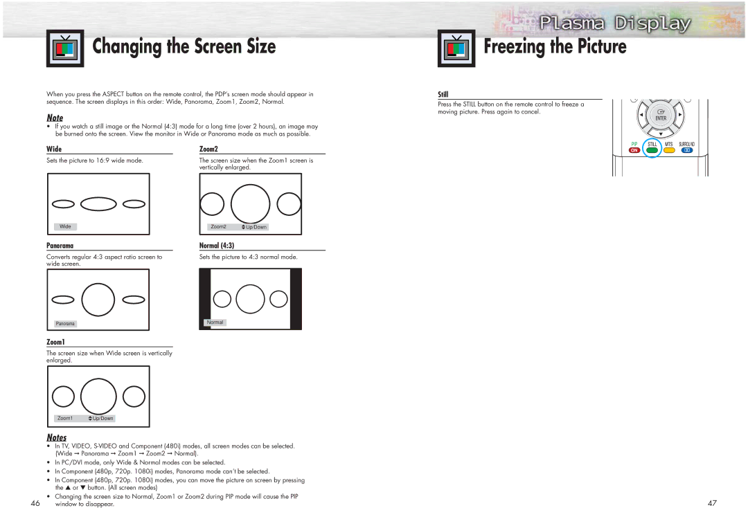 Samsung HPN4239 manual Changing the Screen Size, Freezing the Picture 