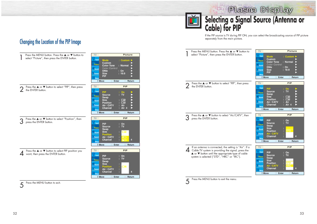 Samsung HPN4239 manual Changing the Location of the PIP Image, Selecting a Signal Source Antenna or Cable for PIP 