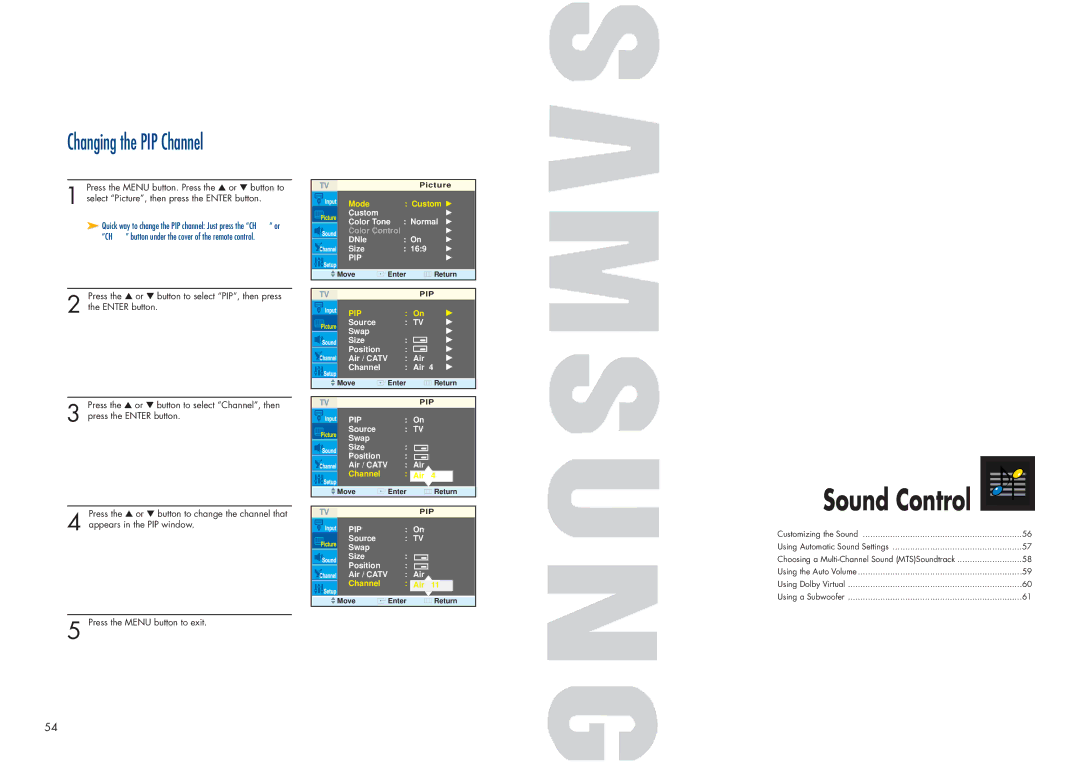 Samsung HPN4239 manual Sound Control, Changing the PIP Channel 