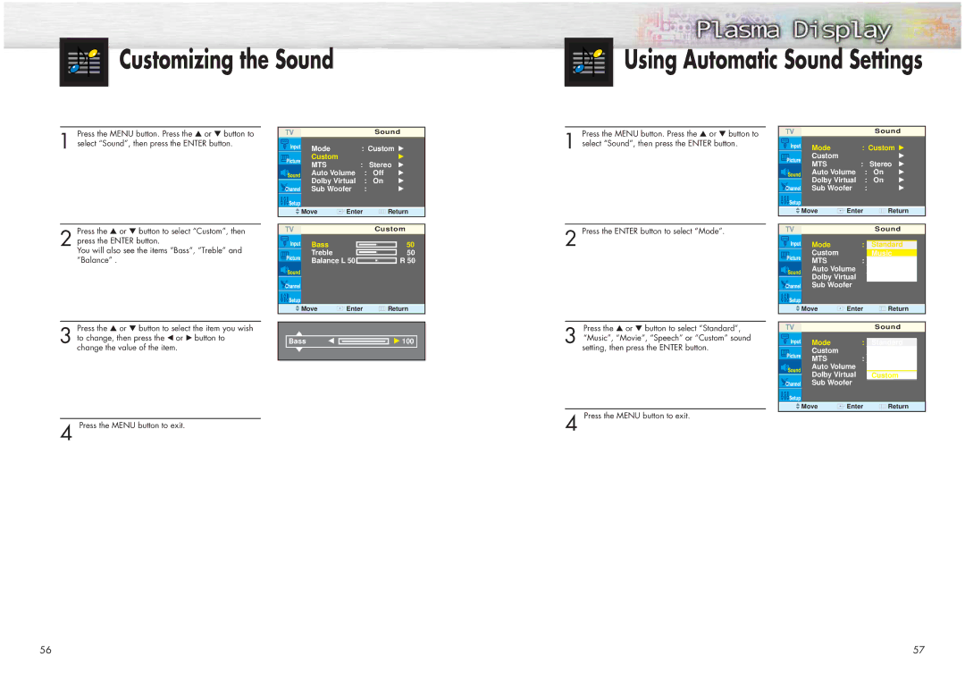 Samsung HPN4239 manual Customizing the Sound Using Automatic Sound Settings 