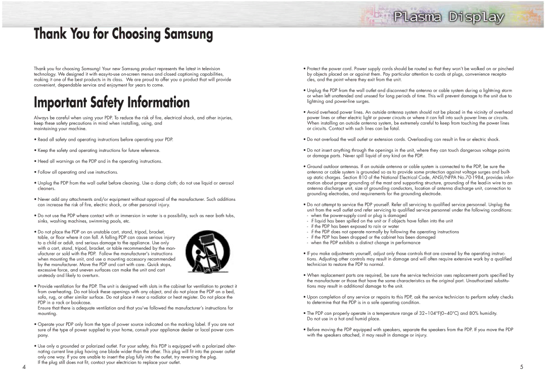 Samsung HPN4239 manual Thank You for Choosing Samsung, Important Safety Information 