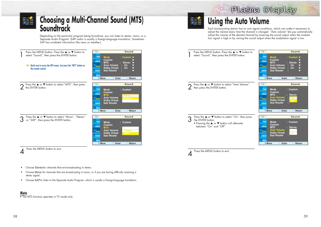 Samsung HPN4239 manual Choosing a Multi-Channel Sound MTS Soundtrack 