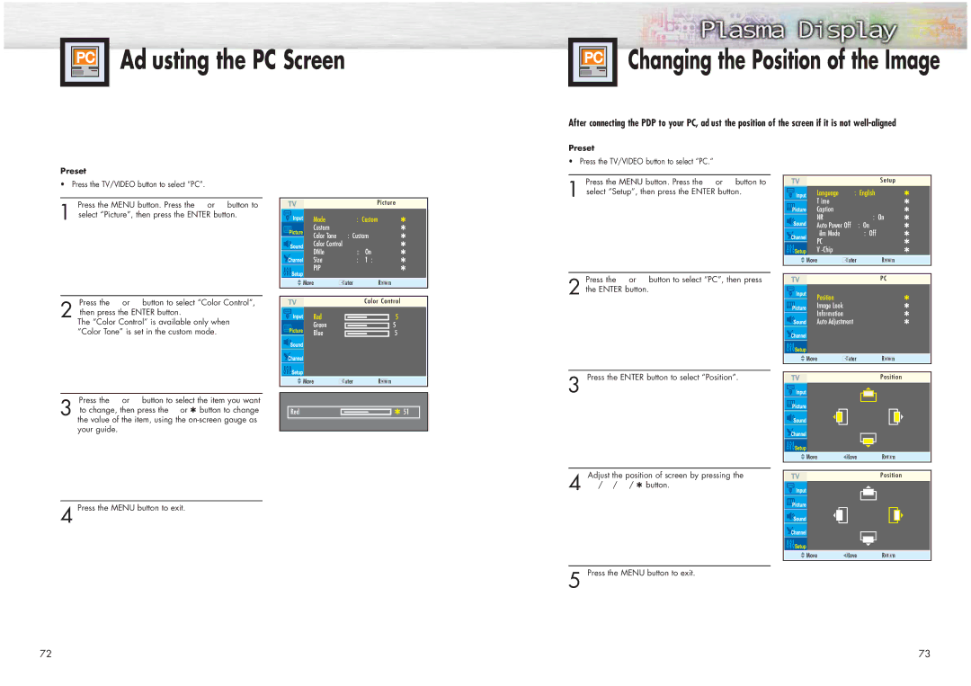 Samsung HPN4239 Adjusting the PC Screen, Adjusting the R.G.B, Setup Select Setup, then press the Enter button, Position 