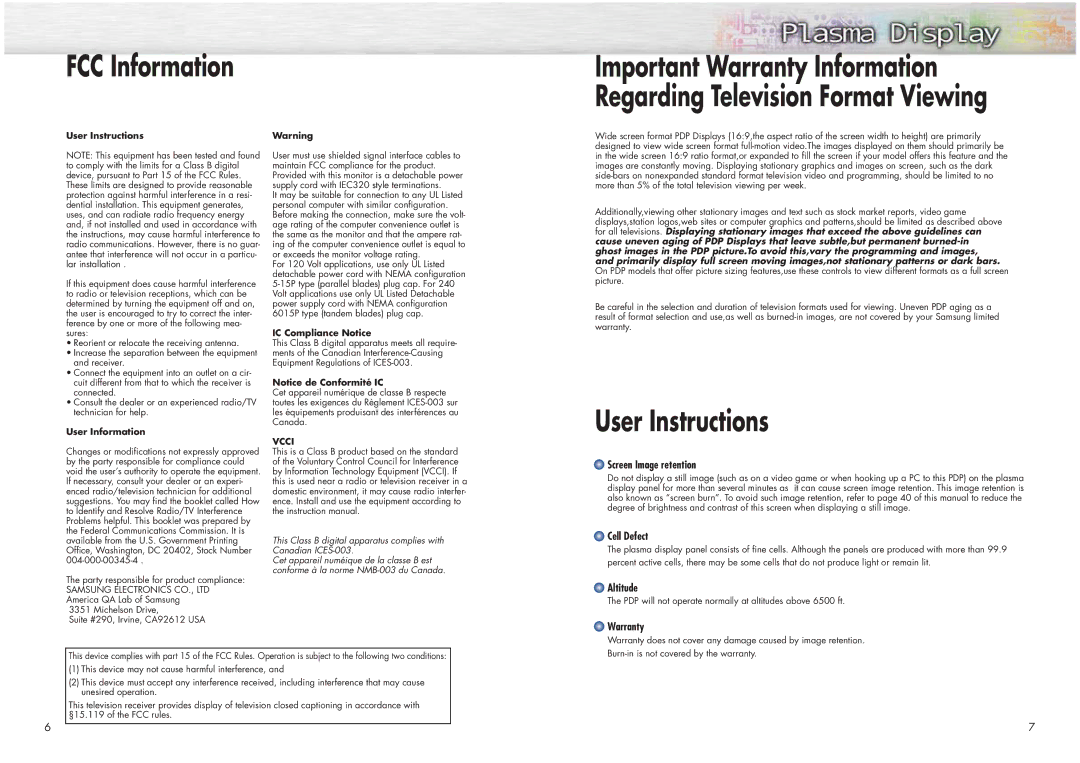 Samsung HPN4239 manual User Instructions, Screen Image retention, Cell Defect, Altitude, Warranty 