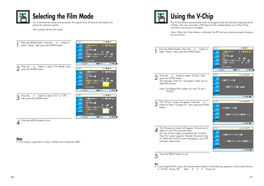 Samsung HPN4239 manual Selecting the Film Mode, Using the V-Chip 