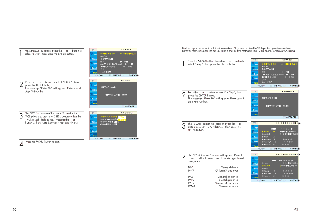 Samsung HPN4239 manual How to Enable/Disable the V-Chip, How to Set up Restrictions using the TV guidelines, TV GuideLines 