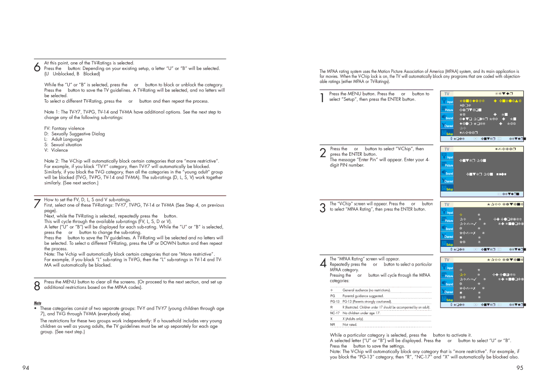 Samsung HPN4239 manual TV-G through TV-MA everybody else, Mpaa Rating 