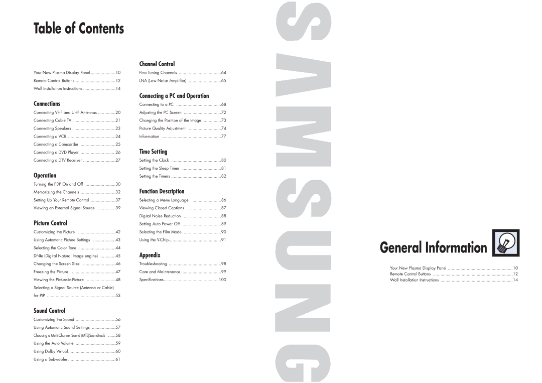 Samsung HPN4239 manual Table of Contents, General Information 