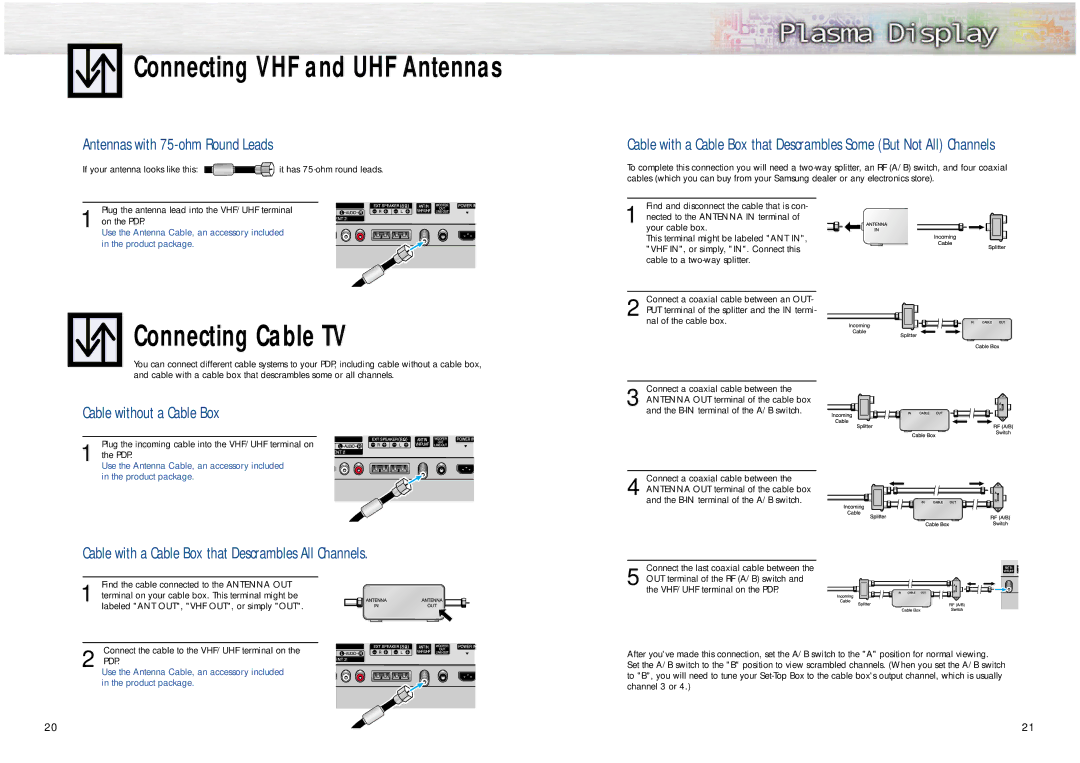 Samsung HPN5039, HPN6339 manual Connecting VHF and UHF Antennas, Connecting Cable TV, Antennas with 75-ohm Round Leads 