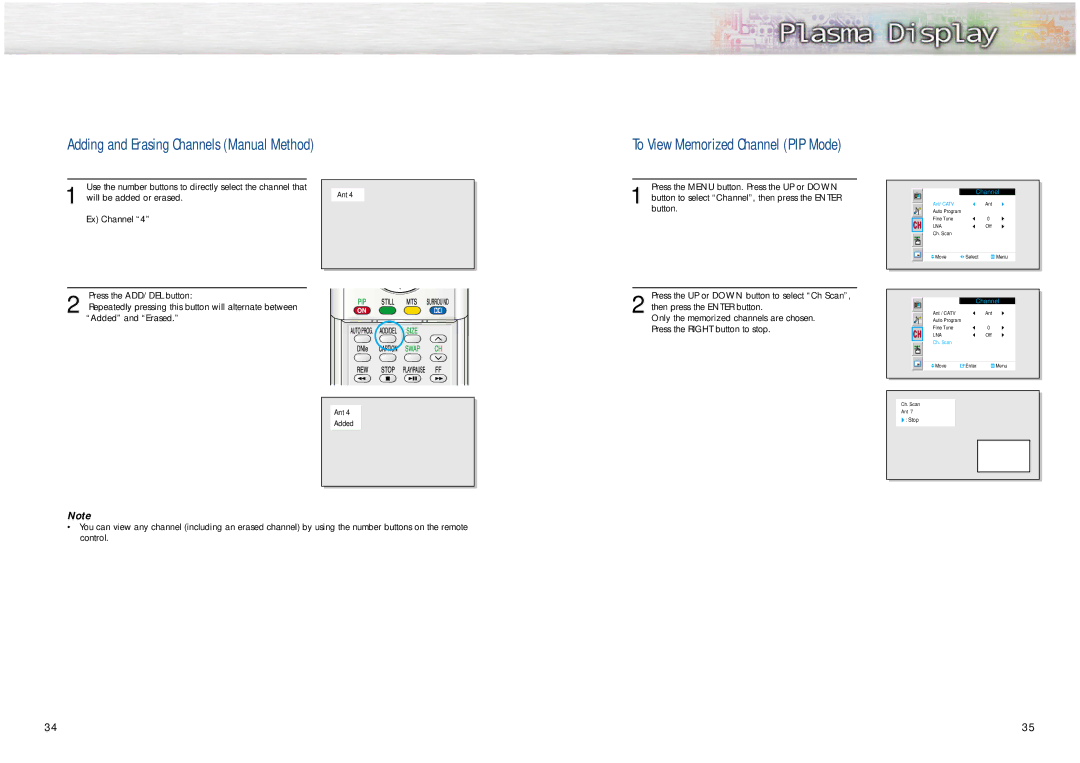 Samsung HPN6339, HPN5039 manual To View Memorized Channel PIP Mode 