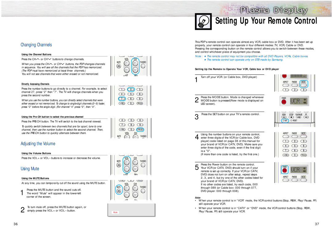 Samsung HPN5039, HPN6339 manual Setting Up Your Remote Control, Changing Channels, Adjusting the Volume, Using Mute 