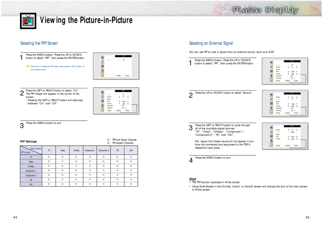 Samsung HPN5039 Viewing the Picture-in-Picture, Selecting the PIP Screen, Press the UP or Down button to select Source 