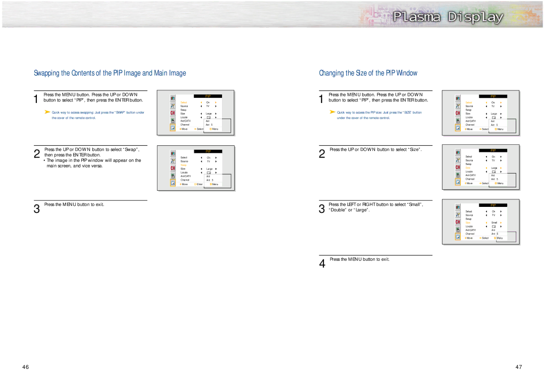 Samsung HPN6339, HPN5039 manual Changing the Size of the PIP Window 