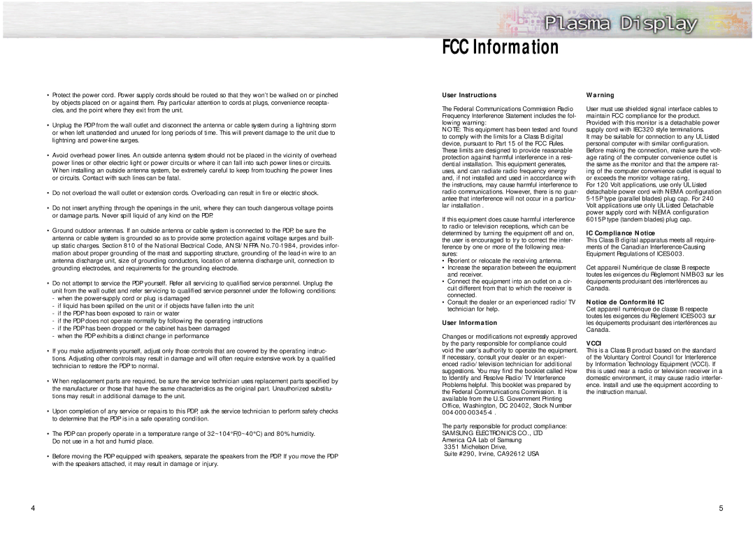 Samsung HPN5039, HPN6339 manual FCC Information, User Instructions 