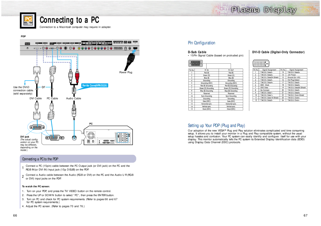 Samsung HPN6339, HPN5039 Connecting to a PC, Pin Configuration, Setting up Your PDP Plug and Play, To watch the PC screen 