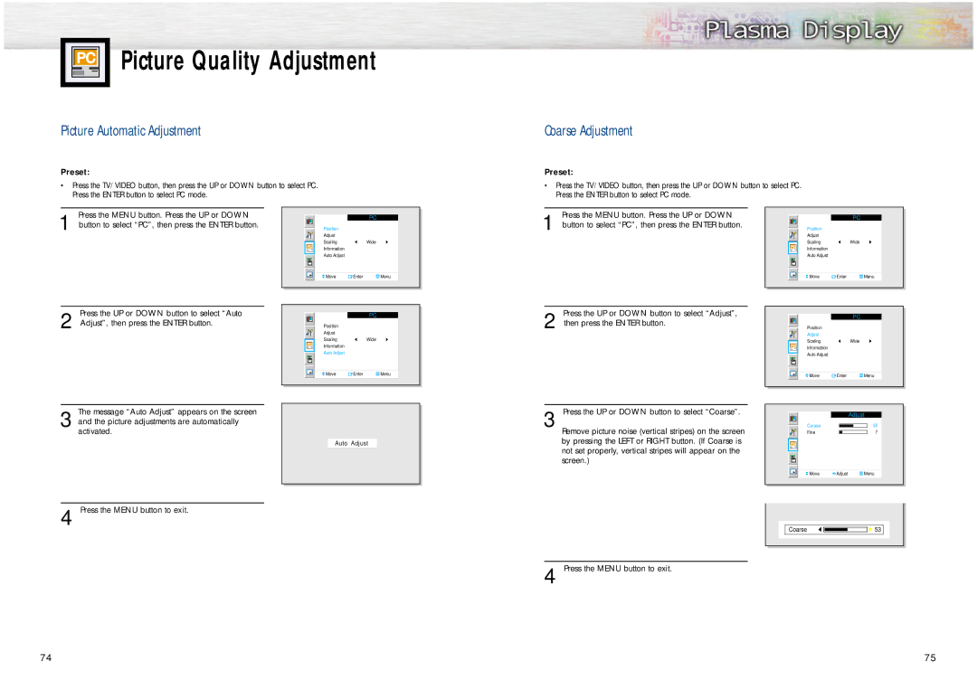 Samsung HPN6339, HPN5039 manual Picture Quality Adjustment, Picture Automatic Adjustment, Coarse Adjustment 