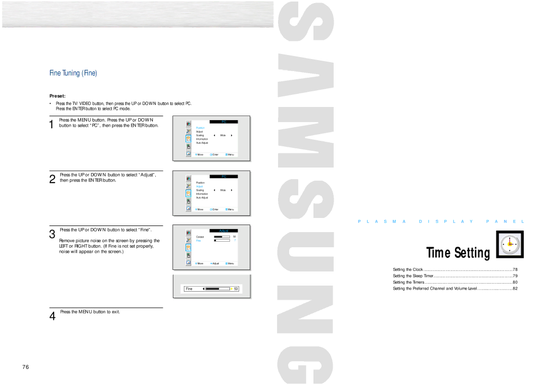 Samsung HPN5039, HPN6339 manual Time Setting, Fine Tuning Fine, Remove picture noise on the screen by pressing 