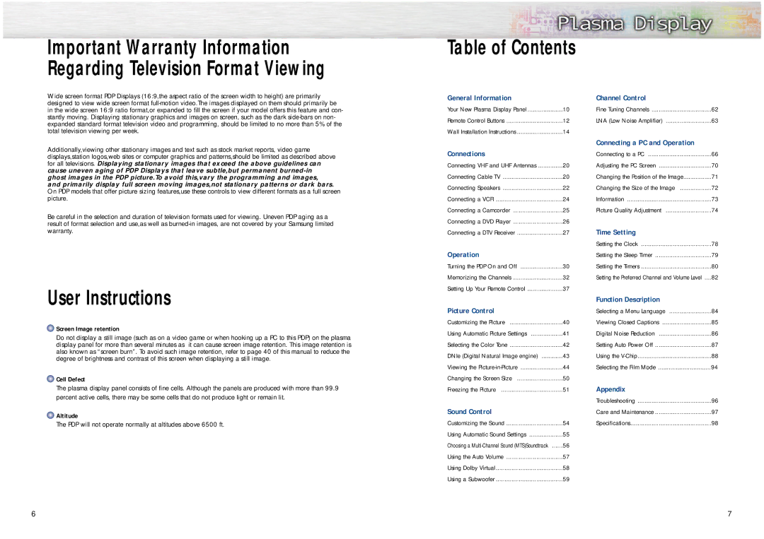 Samsung HPN6339, HPN5039 manual User Instructions, Table of Contents 