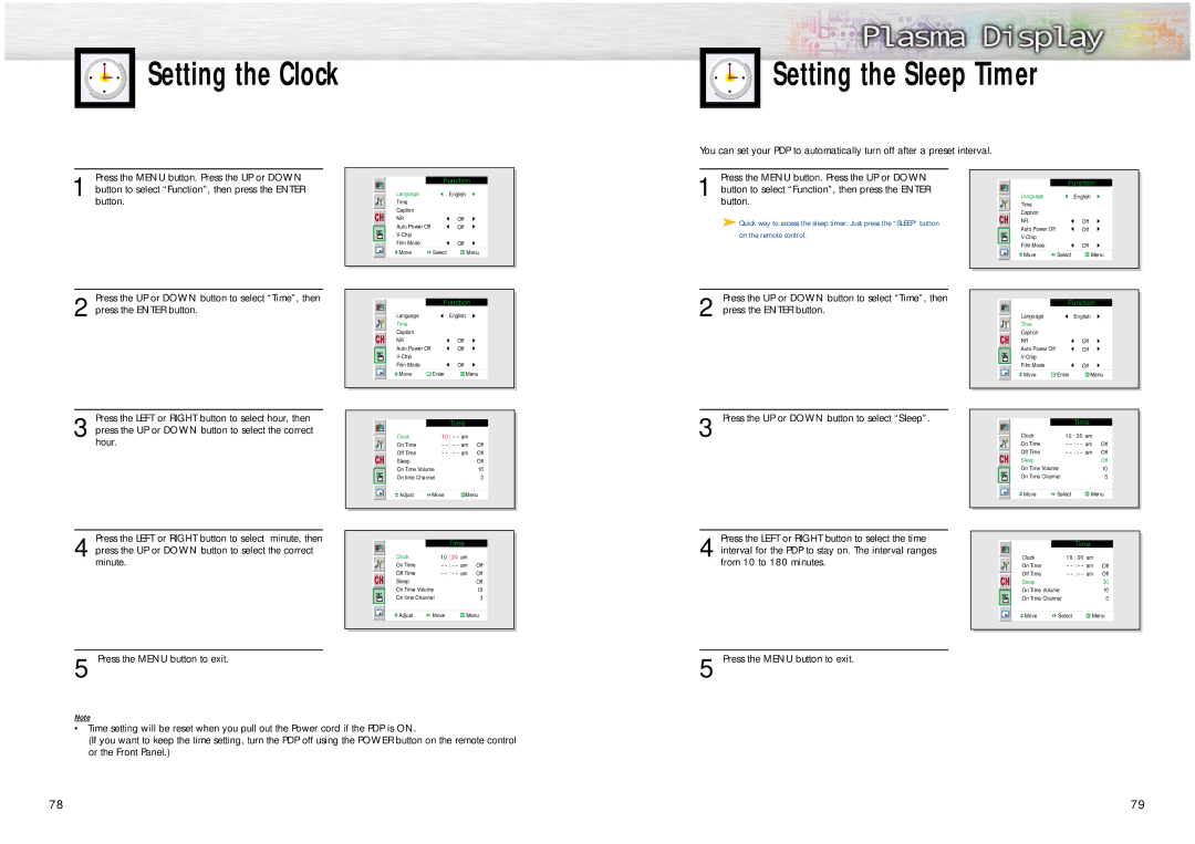 Samsung HPN6339, HPN5039 manual Setting the Clock Setting the Sleep Timer, Button to select Function, then press the Enter 