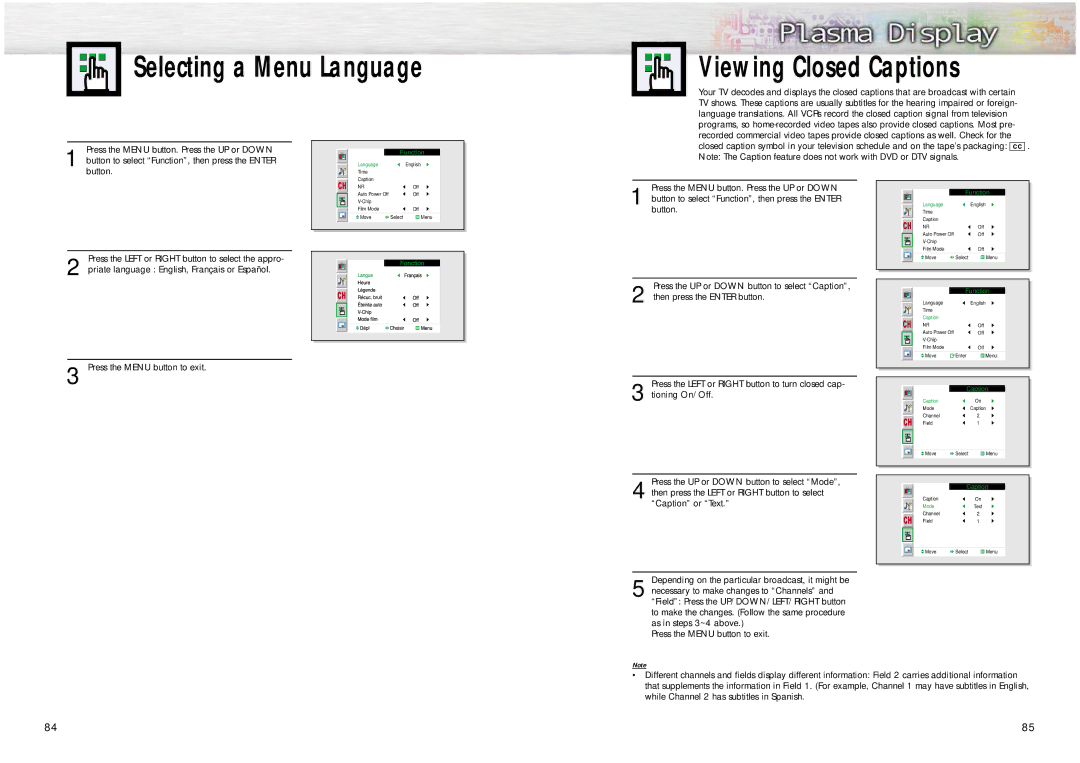 Samsung HPN5039, HPN6339 manual Selecting a Menu Language Viewing Closed Captions 