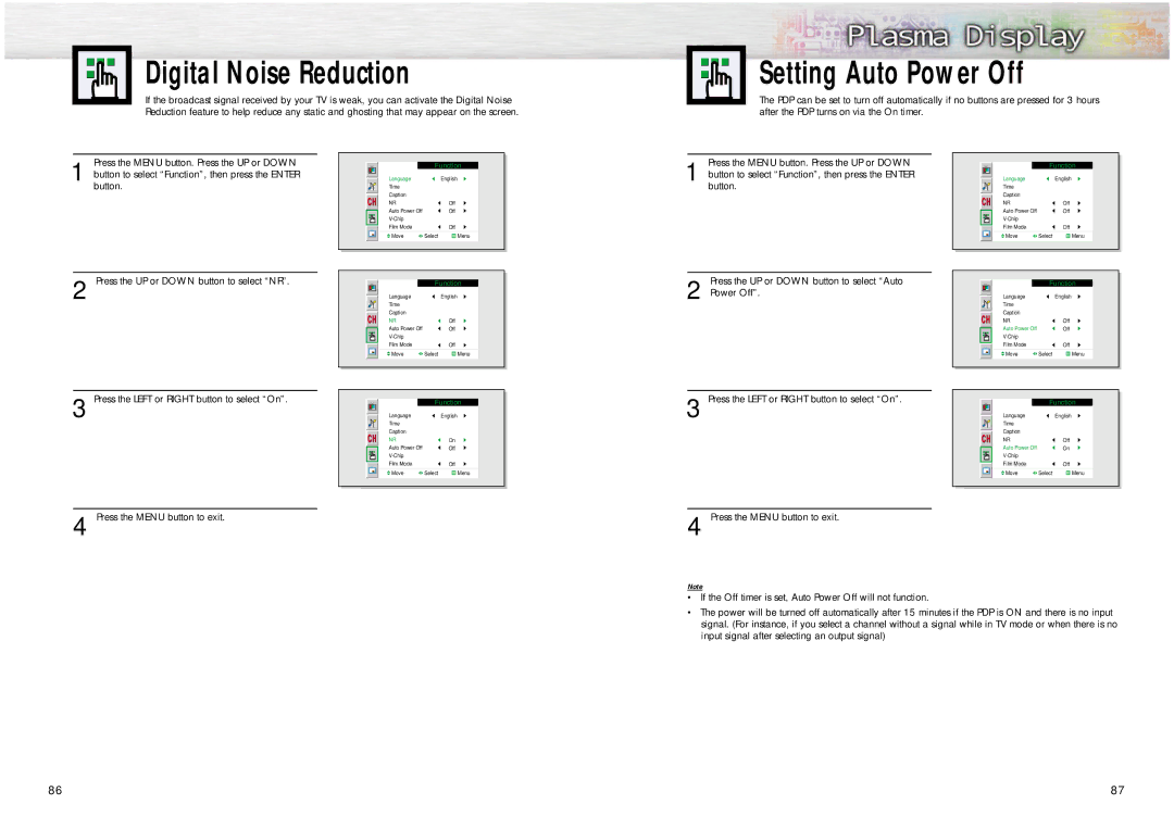 Samsung HPN6339, HPN5039 manual Digital Noise Reduction, Setting Auto Power Off 