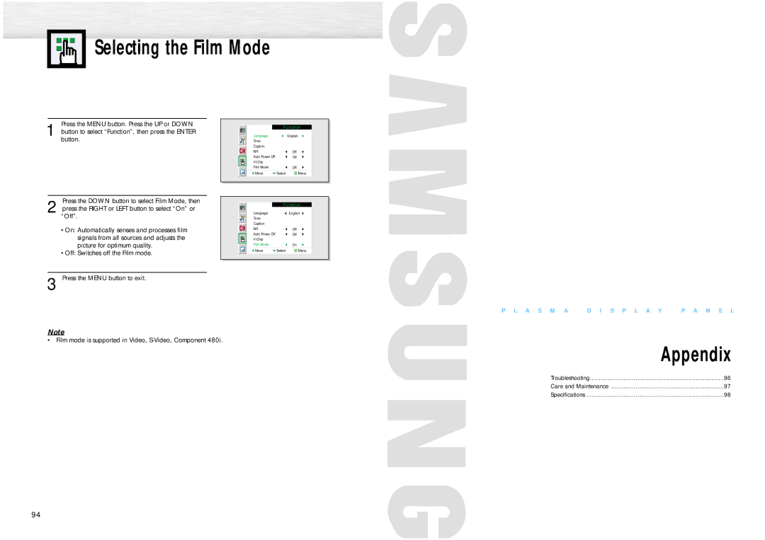 Samsung HPN6339, HPN5039 manual Selecting the Film Mode, Appendix 