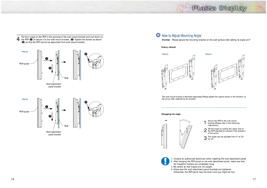 Samsung HPN5039, HPN6339 manual How to Adjust Mounting Angle, Factory default, Changeing the angle, PDP panel Wall 