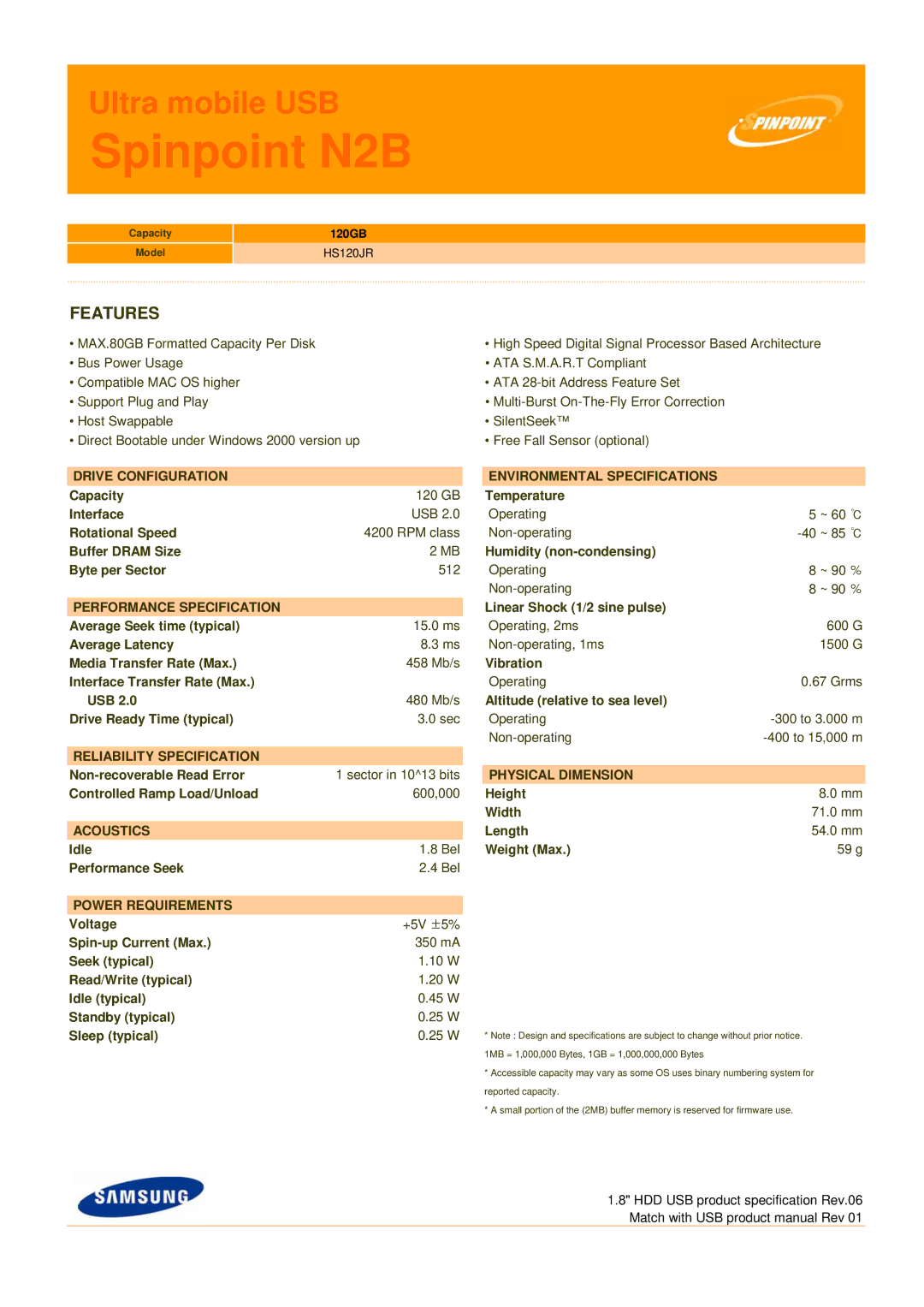 Samsung HS120JR specifications Spinpoint N2B, Features 