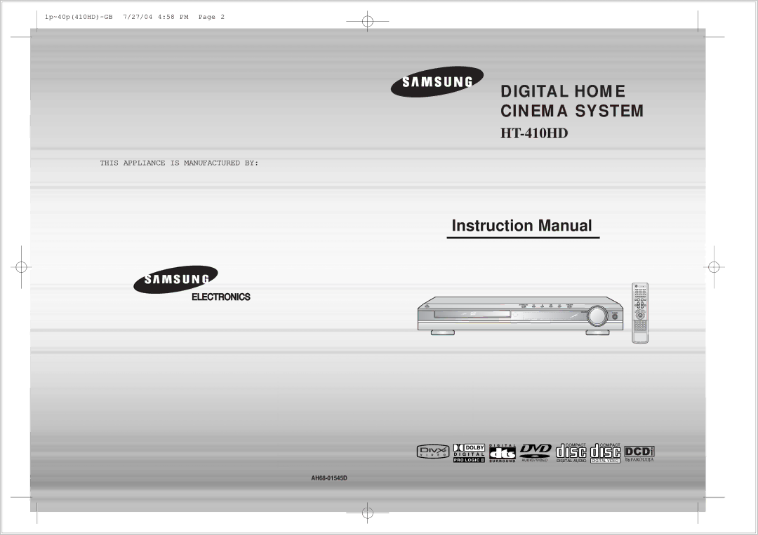 Samsung HT-410HD instruction manual Digital Home Cinema System 