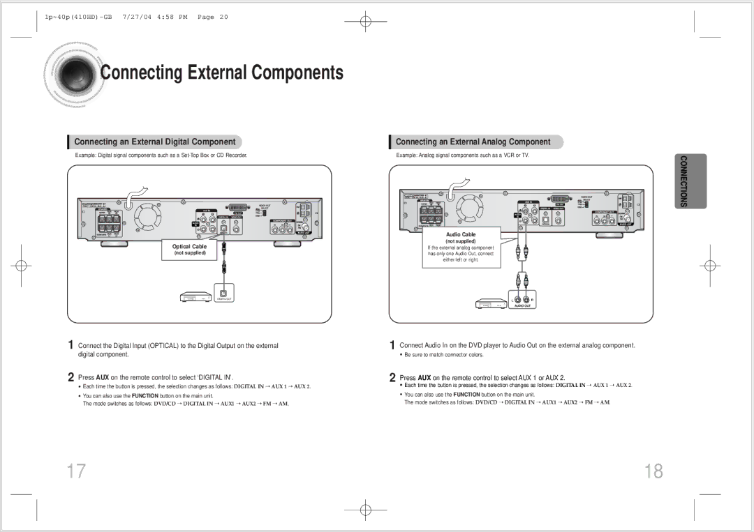 Samsung HT-410HD instruction manual Connecting External Components, Press AUX on the remote control to select AUX 1 or AUX 