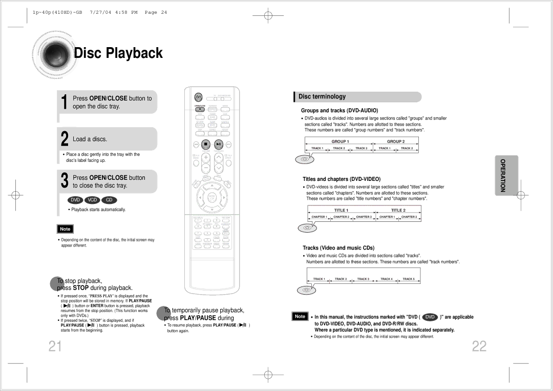 Samsung HT-410HD Disc Playback, Press OPEN/CLOSE button to open the disc tray Load a discs, Disc terminology 