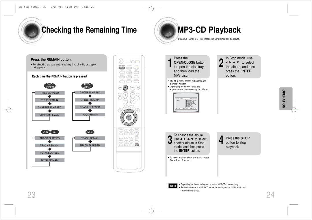 Samsung HT-410HD instruction manual MP3 -CD Playback, Press the Remain button, Each time the Remain button is pressed 