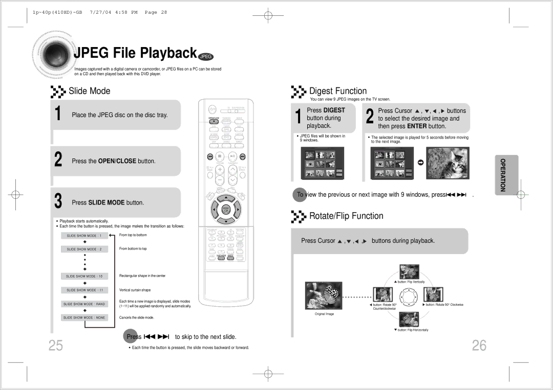 Samsung HT-410HD instruction manual Jpeg File Playback Jpeg, Press Slide Mode button, Press To skip to the next slide 