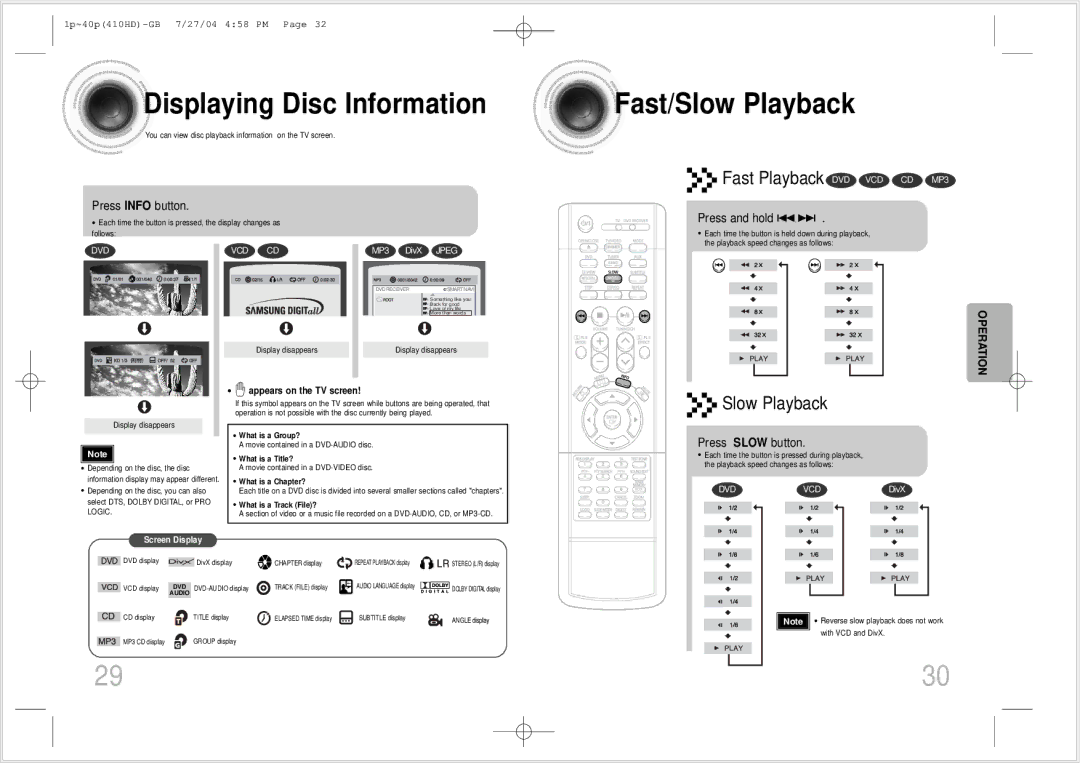 Samsung HT-410HD instruction manual Displaying Disc Information, Fast/Slow Playback, Press Info button, Press Slow button 